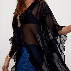 Free People Black Sheer Swim Coverup with Ruffled Sleeves